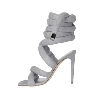 Custom Design Colors Solid Grey Square Toe Stiletto Sandals Women Summer Cross Puff Straps High Slim Heel <b>Shoes</b> - Product Image 5