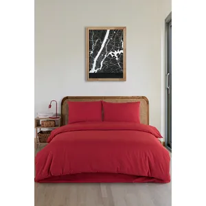 Parure de lit double Karden Flower Plain 100% coton, housse de couette rouge, drap plat, 2 taies d'oreiller, textile de maison doux et respirant pour la chambre - Product Image 2