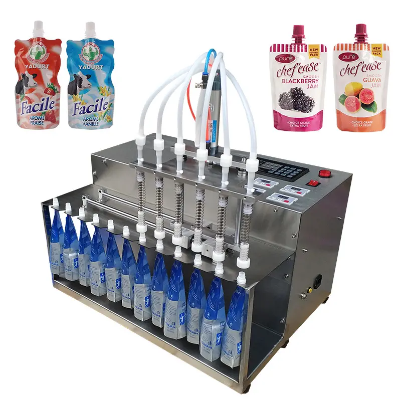 Pequeña máquina de llenado de agua con bolsas de 6 boquillas Jugo bebida jabón detergente líquido leche bolsa líquida boquilla de succión máquina de llenado de bolsas