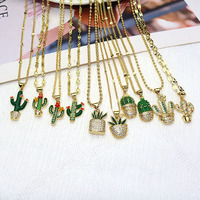 Collar NZ1717 con Colgante de Cactus en Maceta, Chapado en Oro, con Micro Pavé de Circonitas, para Mujer, Joyería de Verano