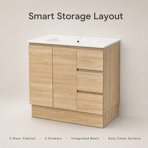 Natural Wood <strong>Bathroom</strong> Vanity Floor Standing Door 3 Drawers <strong>Thin</strong> Basin Freestanding <strong>Bathroom</strong> <strong>Cabinet</strong> 17.9" Depth - Product Image 4