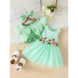 Ensembles de vêtements pour bébés filles gilets à mancherons robes en filet sans manches nœuds papillon ensemble de vêtements d'été 3 pièces pour tout-petits et nourrissons - Product Image 4