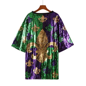 Ready To Ship Party Dress Festival Celebration Crew Neck Sequin Purple Yellow Green Mardi Gras Apparel Sequin Shirts For Woman