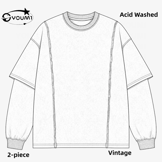 YOUMI Custom Logo Digital Print Hip Hop 100% Cotton Knitted Oversized Acid Washed Vintage Raw Fray Breathable Two Piece Long