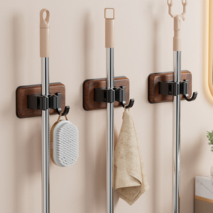 Wall Mounted Mop Holder Walnut Wood Stainless Steel Minimalist Design Bathroom Storage Punch Free Installation - Product Image 1