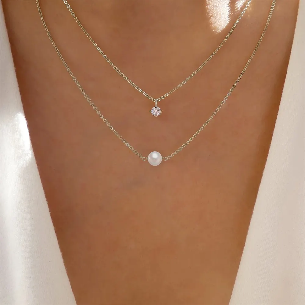 925 Sterling Silver Pearl Drop Zircon CZ Đá Tinh Tế Không Có xỉn Hai Lớp Nhỏ Xương Đòn Choker Tuyên Bố Đám Cưới Dây Chuyền