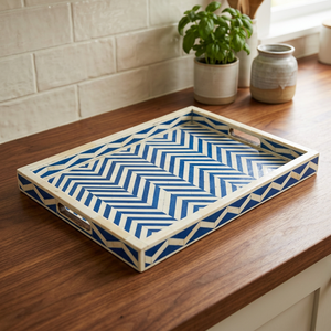 Premium Blue White Chevron Bone Inlay <b>Tray</b> <b>Handles</b> Disposable Decorative Serving <b>Tray</b> for Kitchen Living Room Dining Home Decor - Product Image 1
