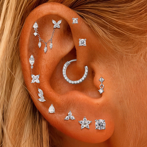 Flat Back 925 <b>Sterling</b> <b>Silver</b> Moissanite <b>Cartilage</b> Stud <b>Earrings</b> Minimalist Flower Triangle Four Prong Threaded Piercing Jewelry - Product Image 1