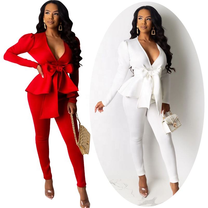 Fashion White Womens Business Suits Elegant Outfit Ruffle Peplum Top Blue Blazer Black Pants Work Office Wear Formal Suit 