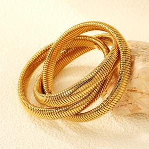 Chunky Jewelry 18K Gold Plated Stainless Steel Fashion Stripe Bangles <b>Stretch</b> Circle Flex Triple Snake <b>Stretch</b> Bangles <b>Bracelet</b> - Product Image 6