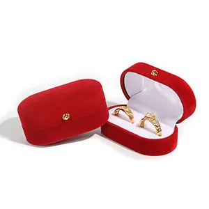 אלגנטי פלנל כפול חריץ טבעות תכשיטי תיבת אדום מוצק צבע טבעת אחסון תיבת קטיפה הצעת זוג טבעת קופסא לזוג