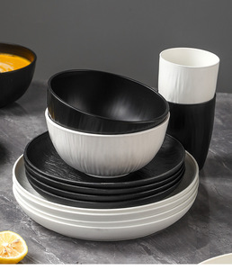 Dinnerware Set Modern Stone Texture Unbreakable Wheat Fiber Plastic <b>Plates</b> Bowls Set <b>Black</b> White for Home Restaurant Hotel Use - Product Image 5