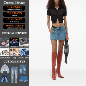 Minigonna Vintage Casual Sexy in Denim Chiaro con Logo Personalizzato, <span class=keywords><strong>Vita</strong></span> <span class=keywords><strong>Bassa</strong></span> Asimmetrica, 100% Cotone per Estate Autunno Primavera - Product Image 1