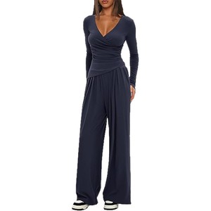 Conjunto de 2 Piezas para Mujer, Color Sólido, Spandex/Poliéster, Cuello en V, Pantalón de Pierna Ancha, Manga Larga, Estilo Casual Urbano, Otoño, Seda - Product Image 5