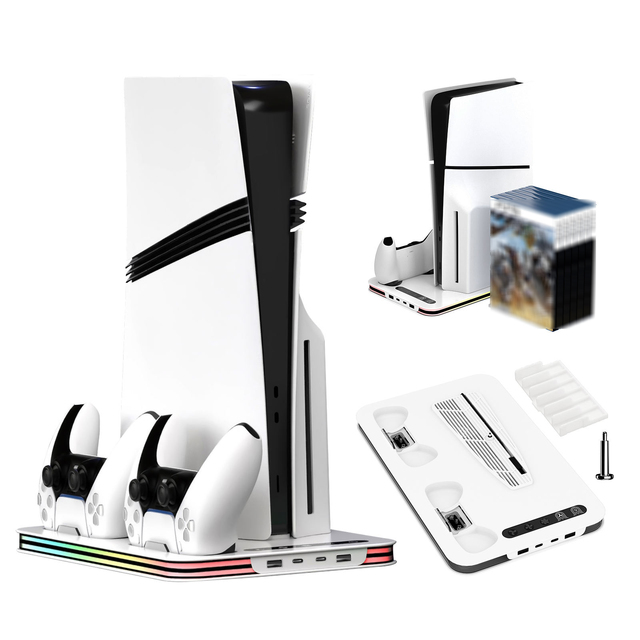 Wholesale Universal Multi-function Console Cooling Fan Stand Storage Rack RGB Lights Controller Charing Dock for PS5 Slim/Pro