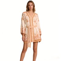 Robe décontractée pour femme, à manches longues, col en V, en mousseline respirante, imprimée sur mesure, style ethnique, pour les vacances d'été
