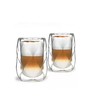 Berisware-Diamond Shape Стеклянная чашка с двойными стенками, Кружки для эспрессо, Кофейная кружка, Горячая распродажа, 250 мл, 350 мл, 11,8 унций, Фабрика OEM