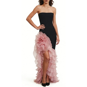 Vestido Largo Negro sin Tirantes con Volantes y Detalle Floral 3D, Vestido de Noche Formal Asimétrico para Mujer - Product Image 3