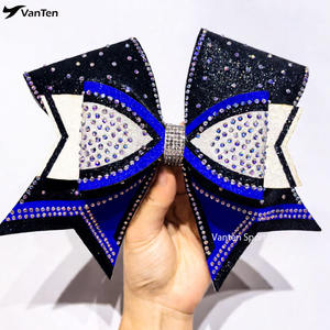 Moños de Competición de Alta Calidad Triple Threat, Color Amarillo Neón y Azul Rey, Moños Grandes de 7 Pulgadas con Cola Completamente Decorada con Pedrerí<span class=keywords><strong>a</strong></span> - Product Image 4