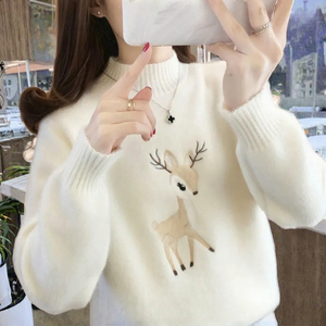เสื้อสเวตเตอร์ไหมพรมลายมิงค์สำหรับผู้หญิง ปักลายกวางน่ารัก คอกลม สวมใส่สบายๆ ในฤดูหนาว - Product Image 3