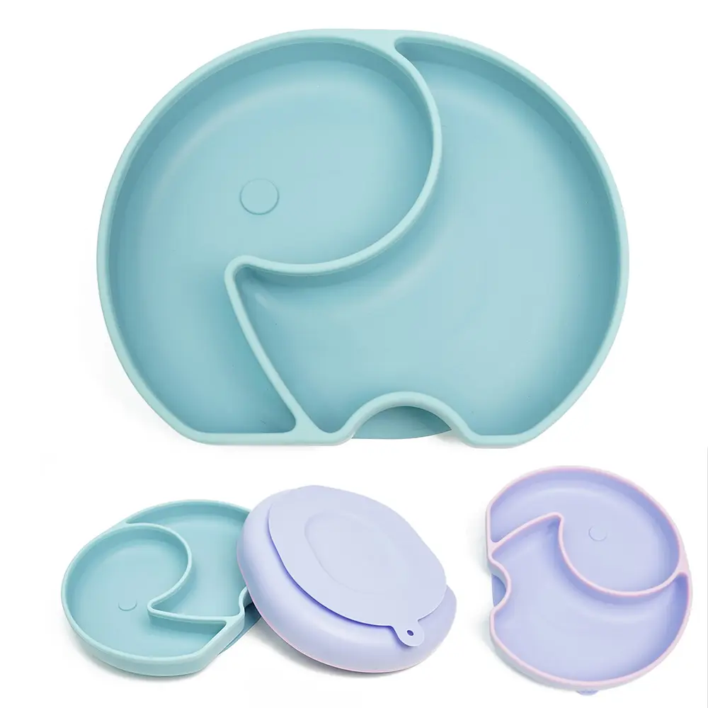 Baby Elephant Dishes Dishwasher Microwave Oven Safe Children Feeding Plates Divided Silicone Suction Baby Plate For Kids