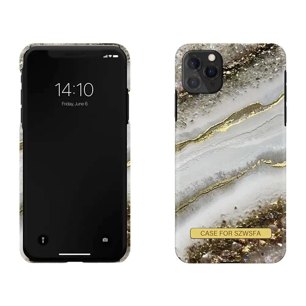 Custom LOGO Water transfer pc glossy marble phone case For iPhone 11 12 13 pro max Shockproof Protect hard Cover With Gold bar