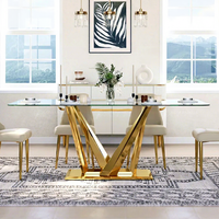 Table à manger rectangulaire moderne en verre trempé transparent avec base en acier inoxydable et structure métallique, capacité 6 personnes, pour maison, villa, hôtel