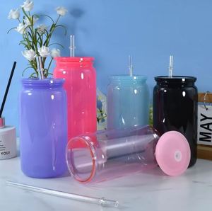 Verre à bière en plastique acrylique de 16 oz, couleur unie, en forme de bocal, avec couvercle coloré, pour cadeau d'été DIY - Product Image 4