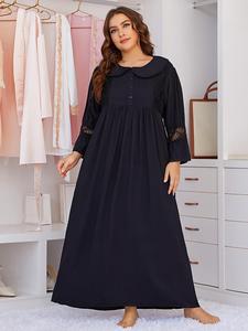 KISS ME ANGEL Pyjamas grande taille 1XL-4XL, chemise de nuit à manches longues avec col bébé, dentelle élégante, vêtements de nuit noirs pour femmes - Product Image 2