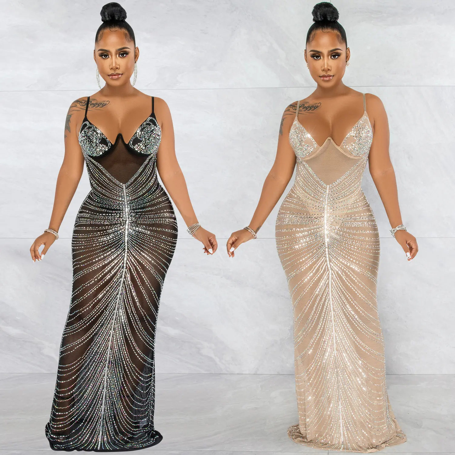 Beautiful Plus Size Sexy Mesh See Though Glitter Midi Bodycon Rhinestone Party Dresses Women