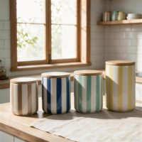 Ensemble de pots de rangement en céramique rayés multicolores avec couvercle en bois, personnalisables avec logo, pour l'organisation de la cuisine