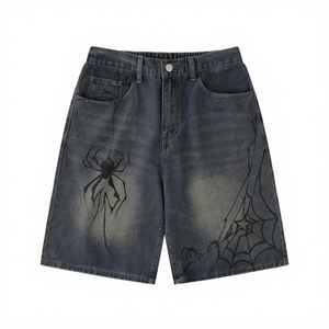 Shorts en jean pour homme Ohsisa, style streetwear rétro, tissé respirant, délavé bleu clair/foncé, coupe droite ample, hip-hop, été - Product Image 4