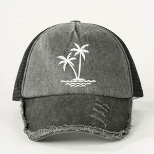 Gorra trucker de verano para exteriores con protección solar, bordado de árbol de coco, tela de malla lavada de alta calidad, gorra trucker desgastada - Product Image 6