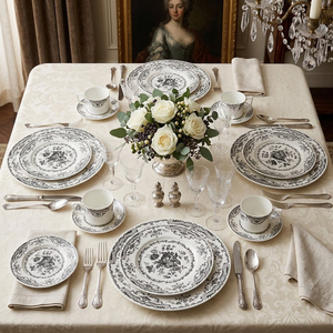 Service de table vintage noir à motifs floraux en céramique, vaisselle de luxe en porcelaine fine pour mariage et réceptions, assiettes, bol à soupe, tasse à thé et soucoupe - Product Image 3
