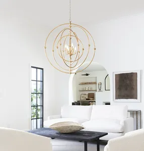 Wrought Iron Round Metal Pendant Light American Farmhouse Candle Stick Hanging Lamp Gold Luxury Globe Industrial Vintage Lamp