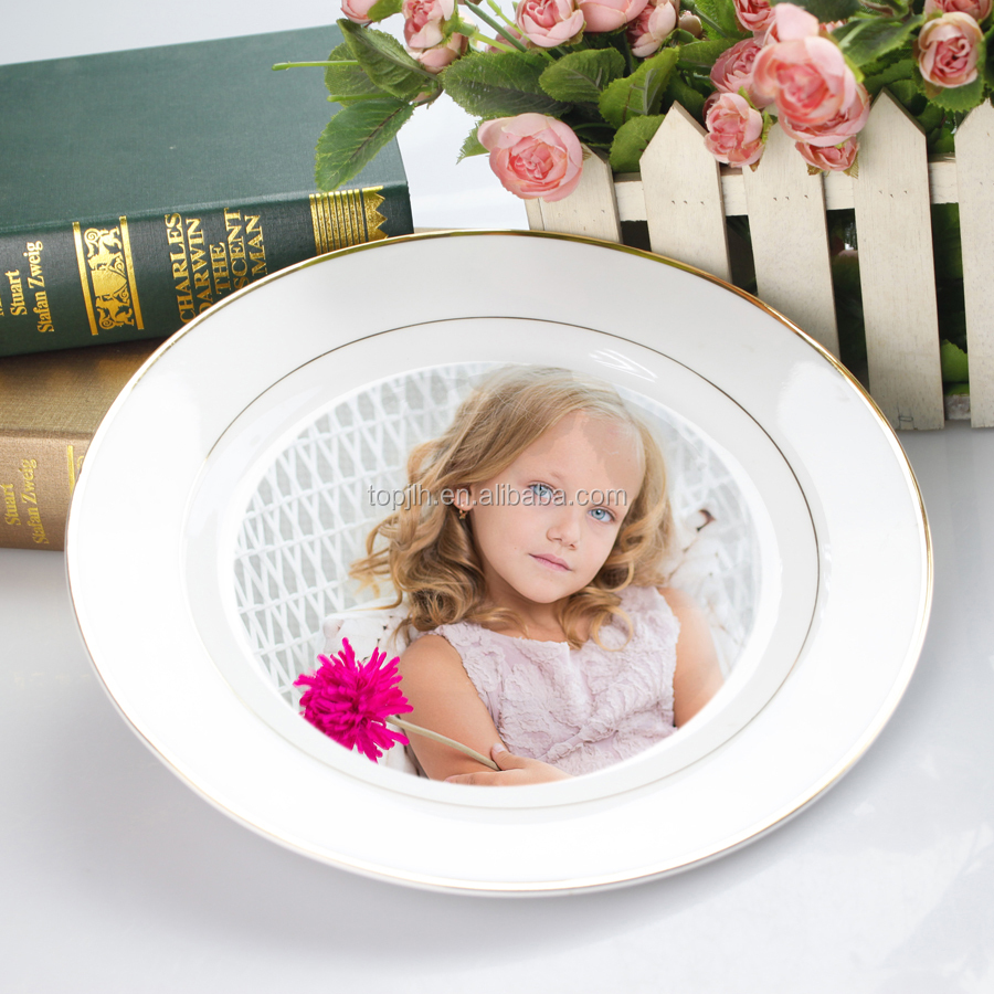 Topjlh Wholesale 8 inch 10 inch Ceramic Blank Plate With Golden Rim for Sublimation can Customized Printed Logo Decoration Dish