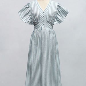 Robes pour femmes de haute qualité personnalisées OEM/ODM, mode simple, couleur unie, rayées, manches bouffantes, robes midi décontractées - Product Image 4