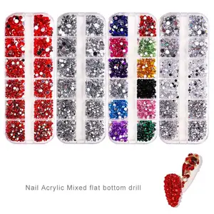 Diamant de couleur acrylique AB diamant blanc mixte accessoires pour ongles fond plat 12 grilles longue boîte diamant