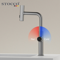 Robinet de cuisine extractible STOCCO gris anthracite moderne, 3 modes cascade et pluie, mitigeur d'évier en laiton massif