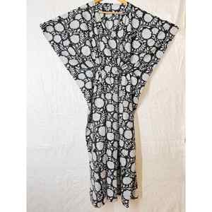 Vestido Kaftán de Algodón con Estampado Floral Blanco y Negro para Mujer, Estilo Boho, Maxi, Holgado, para Playa, Verano, Talla Grande - Product Image 1