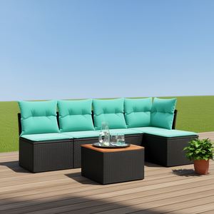 ชุดโซฟาหวายสังเคราะห์สีดำพร้อมเบาะรองนั่ง เฟอร์นิเจอร์กลางแจ้งสำหรับ 6 ที่นั่ง ดีไซน์ร่วมสมัย สไตล์โมเดิร์น - Product Image 2