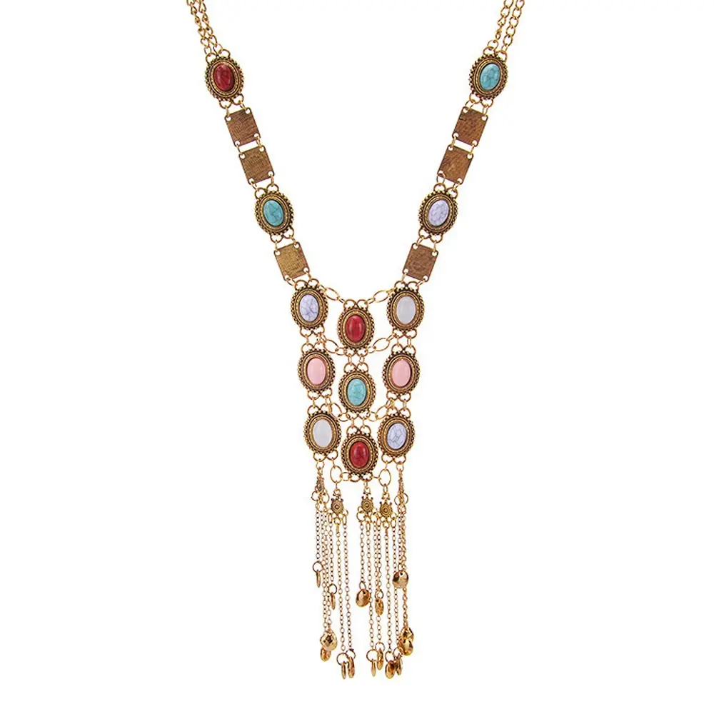 Bohemian Elegant Jewelry Retro Rhinestone Turquesa Silver Gold Long Ethnic Chain Necklace para Mulheres