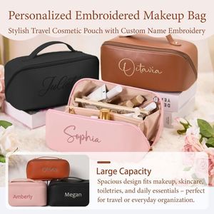 Personalized Travel Makeup Bag, Customized Large Capacity Cosmetic Bag, PU Leather Toiletry Bag for Women, Bridesmaid <b>Gifts</b> - Product Image 4