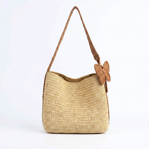 Bolso de hombro hecho a mano para mujer con decoración de lazo, estilo bohemio, para uso diario en verano, parte superior abierta, correa única, beige y marrón - Product Image 1