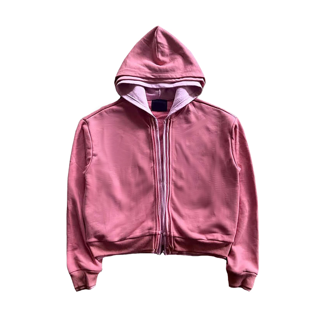 Men's 100% Cotton Oversized Double Layers Y2K Streetwear Pink Zip up Hoodie