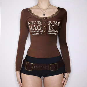 Letter Print Lace Crewneck Long Sleeve Top Button Front Slim Fit Spring Autumn Vintage Versatile Layering Casual Top - Product Image 1
