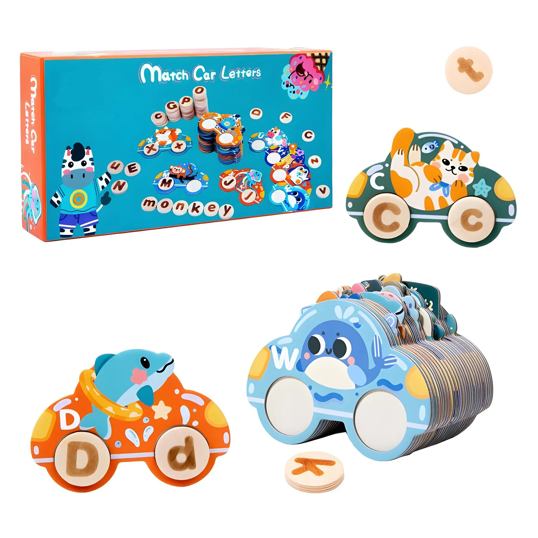 Educational Toy Match Car Letters Match Spelling Word Game Wooden Letter Car Puzzle Animal Cognition Car English Learning