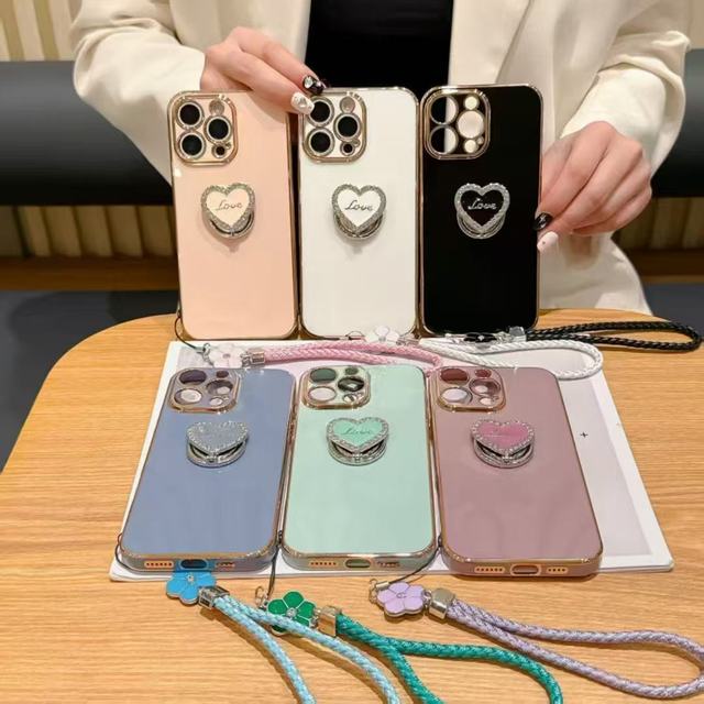 Wholesale case 6D Electroplate love Stand with Chain Phone Case for IPhone18 Pro Max in Stock Free Shipping for iphone 17 16 15