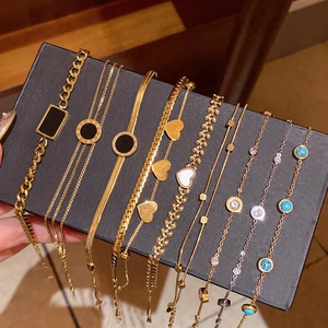 Women Stainless Steel <b>Bracelet</b> Set Gold Tone Adjustable Chain Heart <b>Crystal</b> Minimalist Jewelry for Women - Product Image 3