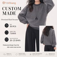 Pull en tricot rayé ample à col ras du cou et épaules tombantes pour femme, style décontracté rétro minimaliste, personnalisable avec logo